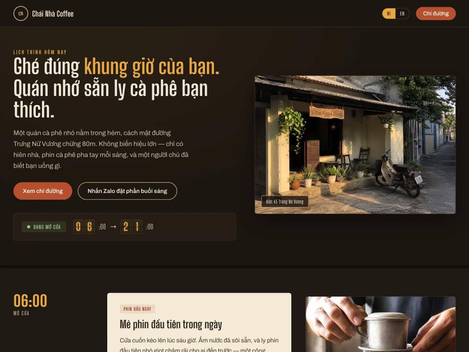 Cafe hẻm nhỏ ấm áp — Lịch trình mở cửa theo giờ trong ngày