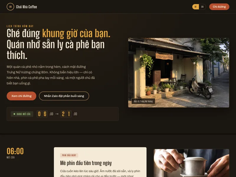 Cafe hẻm nhỏ ấm áp — Lịch trình mở cửa theo giờ trong ngày