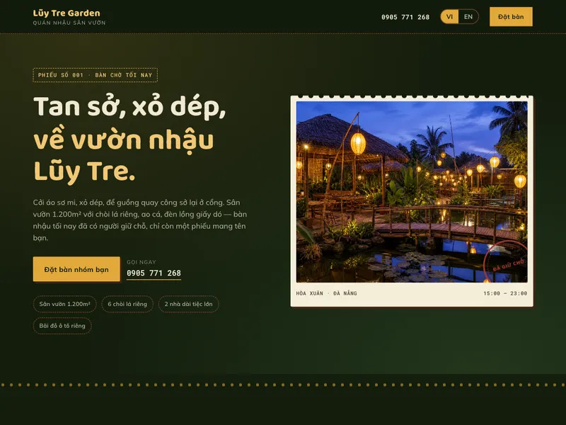 Quán nhậu sân vườn đồng quê — Phiếu giữ chỗ, giọng văn thân mật