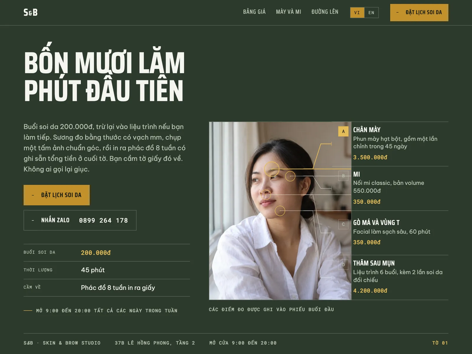 Studio chăm sóc da & mày mi — Bản vẽ đo trên giấy kẻ ô