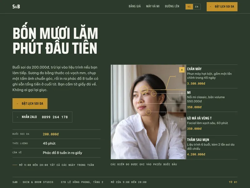 Studio chăm sóc da & mày mi — Bản vẽ đo trên giấy kẻ ô