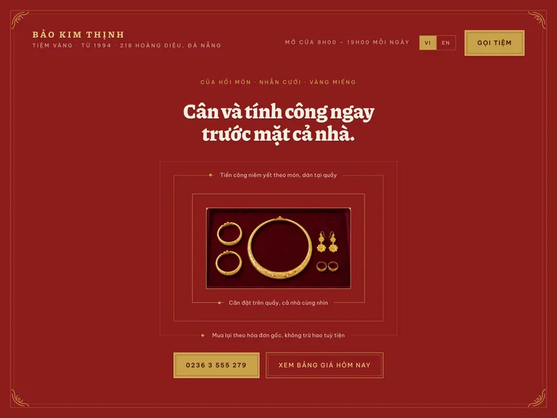 Tiệm vàng & trang sức — Thiếp ăn hỏi in typo, nền son kẻ nhũ vàng