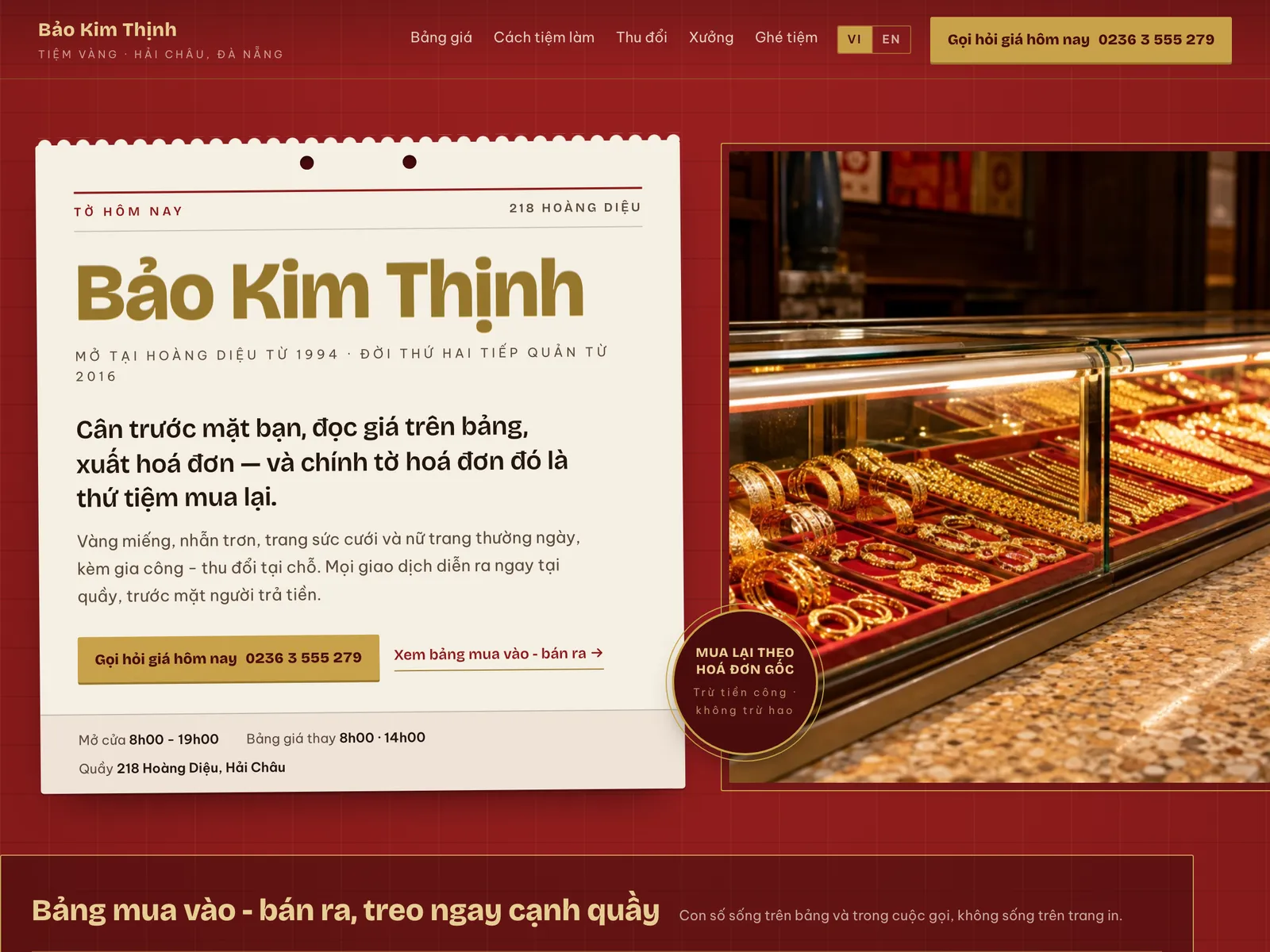 Tiệm vàng & trang sức — Lịch bloc sơn son, tờ giá gỡ theo ngày
