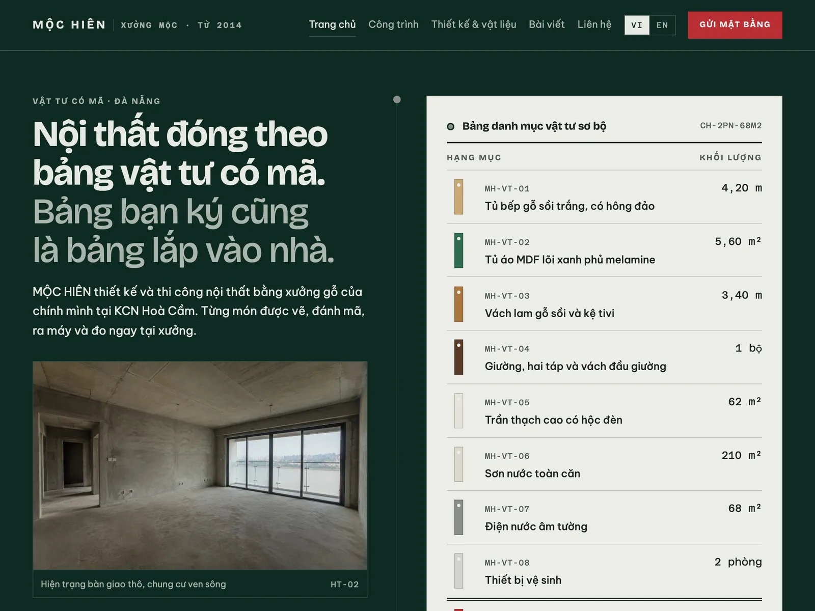 Nội thất thiết kế & thi công — Quyển mẫu vật liệu, mỗi dòng một mã vật tư