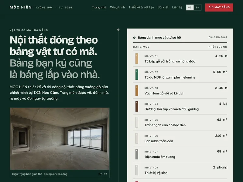 Nội thất thiết kế & thi công — Quyển mẫu vật liệu, mỗi dòng một mã vật tư