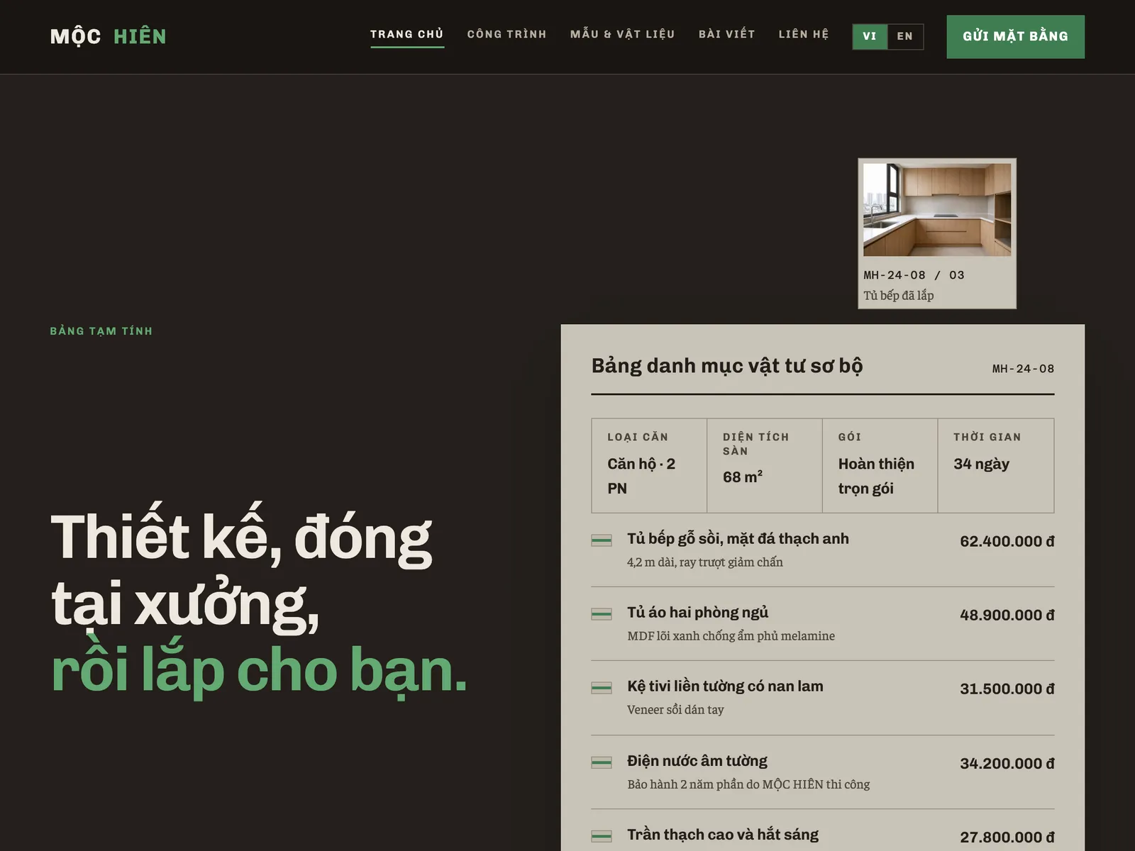 Nội thất thiết kế & thi công — Bảng danh mục vật tư trên mặt bàn xưởng