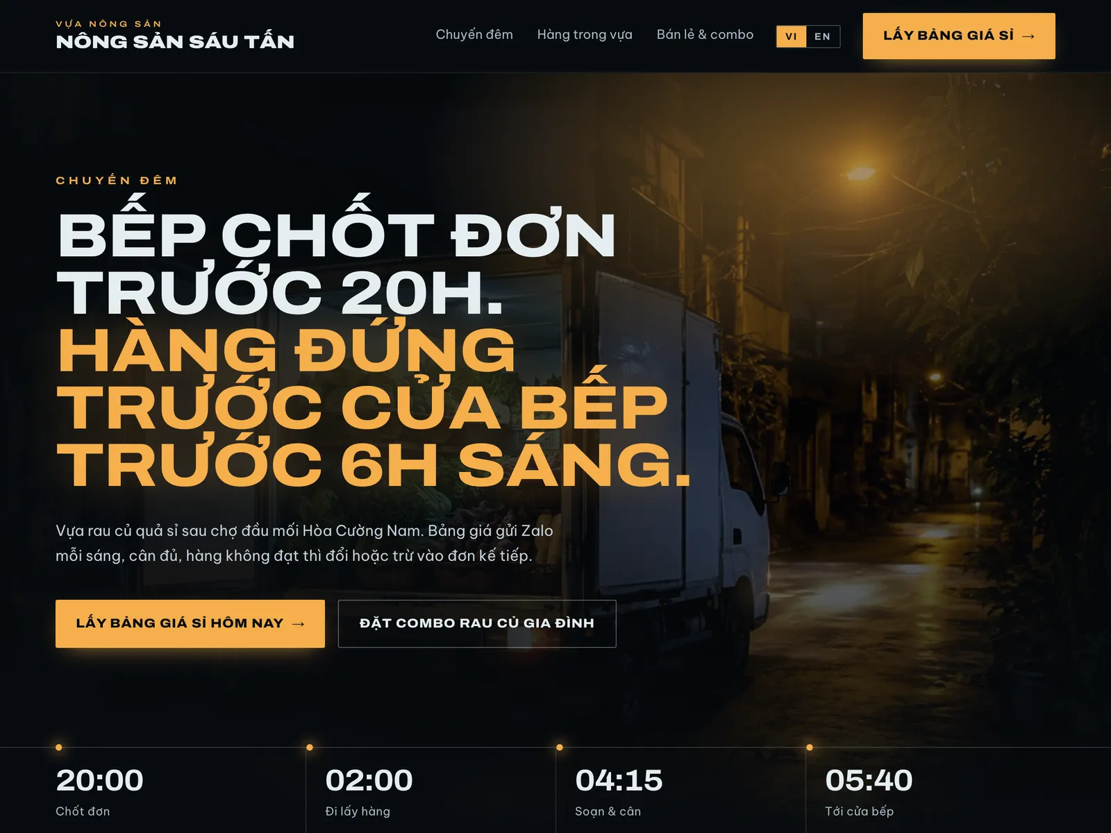Vựa nông sản giao sỉ — Chuyến đêm dưới đèn cao áp, hạn giao là sản phẩm