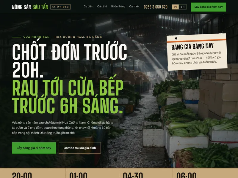 Vựa nông sản giao sỉ — Sạp chợ, giấy kraft viết tay, bảng giá mỗi sáng