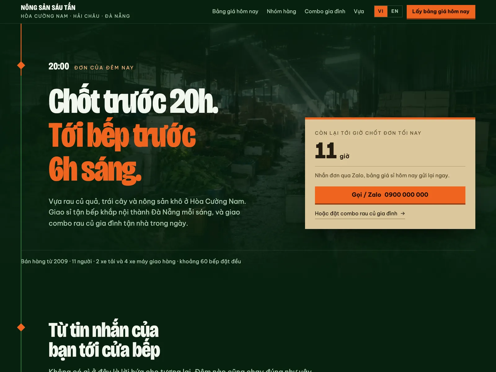 Vựa nông sản giao sỉ — Dòng đơn hàng chạy dọc một thanh ray